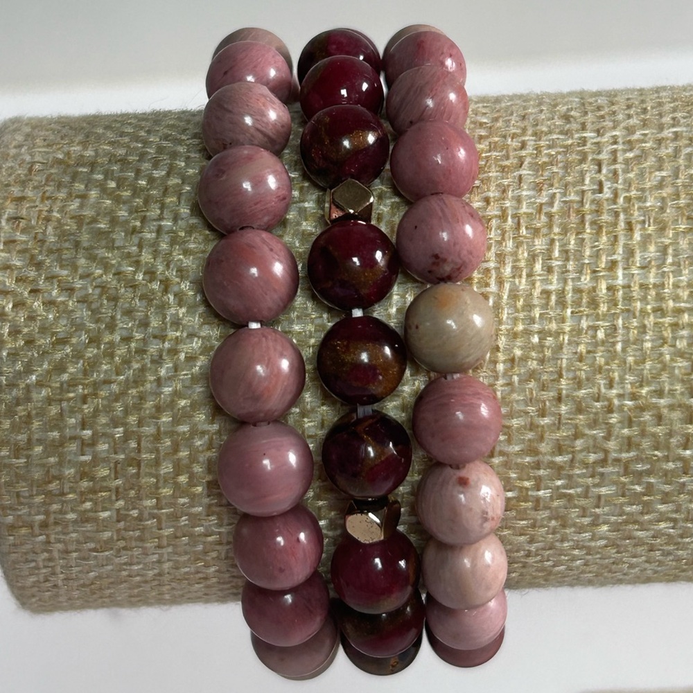 Stacking Lot 3 Gemstone Round Bead Stretch Bracelets Rhodochrosite Red Jasper